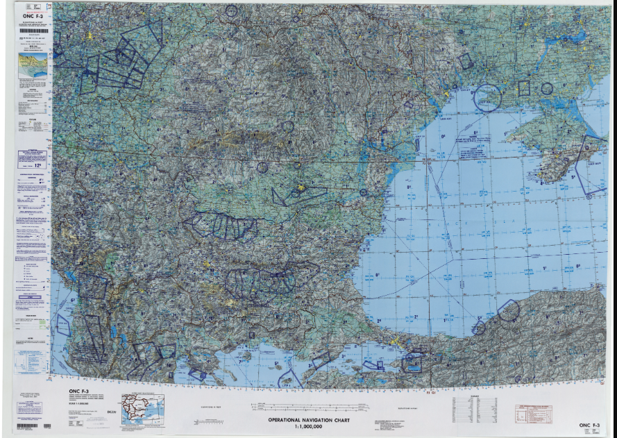 ONC F-3 Albania; Bosnia and Herzegovina; Bulgaria; Croatia; Former Yugoslav Republic of Macedonia; Greece; Hungary; Moldova; Romania; Slovakia; Turkey; Ukraine; Yugoslavia Vinyl washable 1:1,000,000 scale (not for navigational use)