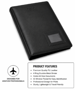 PILOT18 Aviation Black Manual Binder | Premium PU Leather 4-Ring Flight Binder | A4 Pilot Chart & Document Organizer with ID Window | Flight Bag Document Folder for Pilots