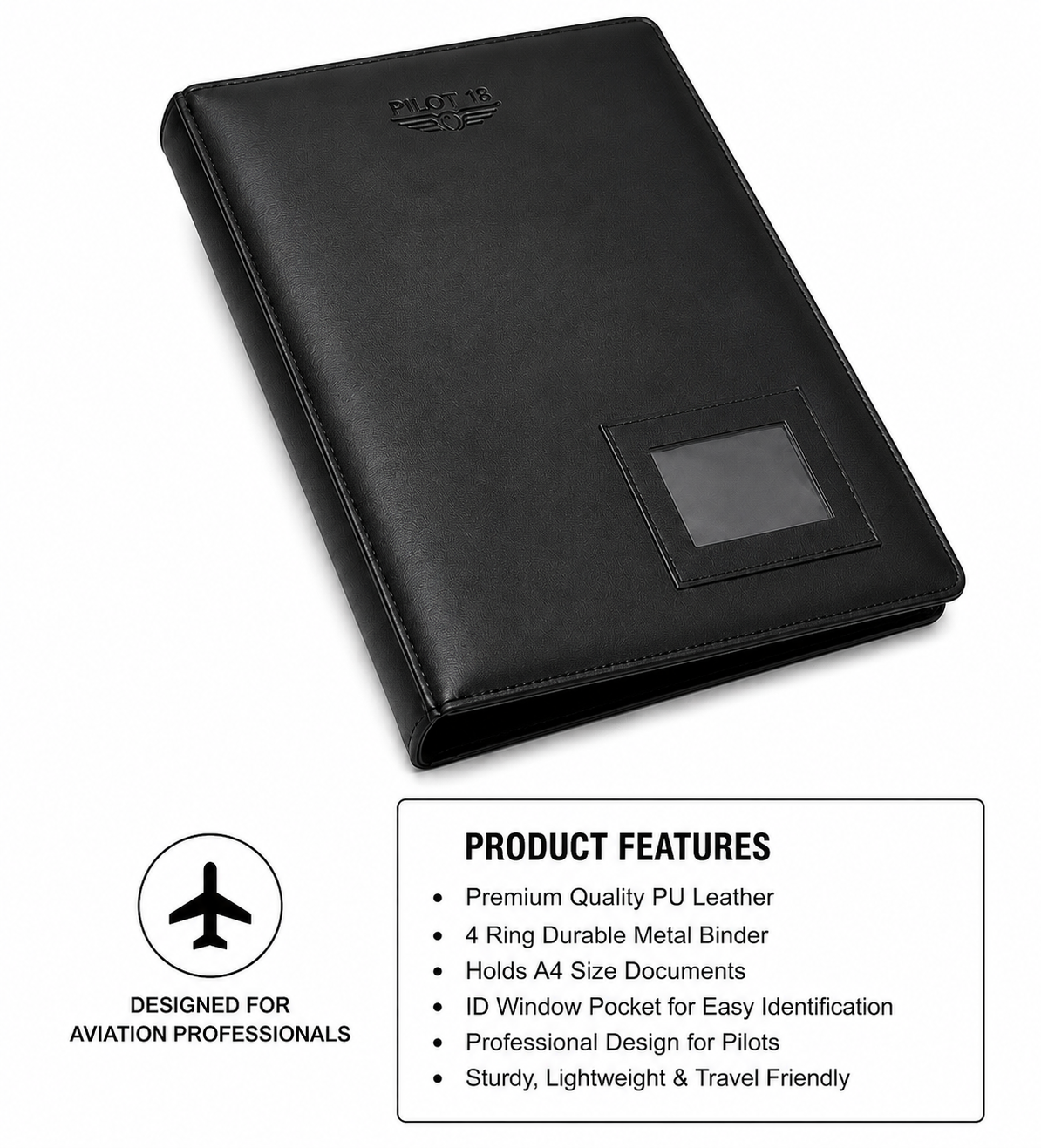 PILOT18 Aviation Black Manual Binder | Premium PU Leather 4-Ring Flight Binder | A4 Pilot Chart & Document Organizer with ID Window | Flight Bag Document Folder for Pilots
